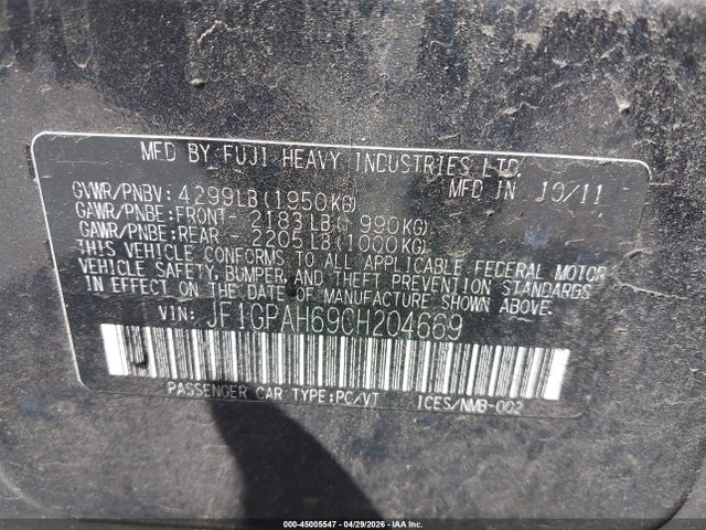 45005547 :رقم المزاد ، JF1GPAH69CH204669 vin ، 2012 Subaru Impreza 2.0i Limited مزاد بيع