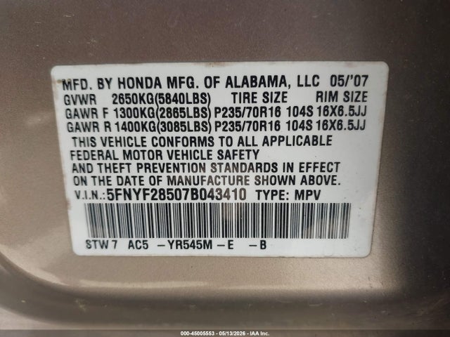 45005553 :رقم المزاد ، 5FNYF28507B043410 vin ، 2007 Honda Pilot Ex-l مزاد بيع