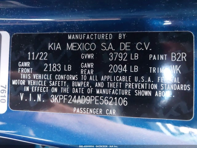 Продаж на аукціоні авто 2023 Kia Forte Lxs, vin: 3KPF24AD9PE562106, номер лоту: 45005554