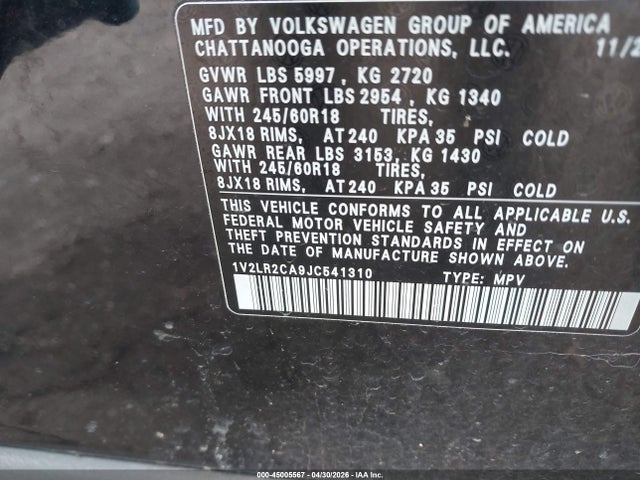 45005567 :رقم المزاد ، 1V2LR2CA9JC541310 vin ، 2018 Volkswagen Atlas 3.6l V6 Se/3.6l V6 Se W/technology مزاد بيع