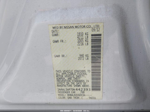 45005571 :رقم المزاد ، 1N4AL3AP7DN442393 vin ، 2013 Nissan Altima 2.5 S مزاد بيع