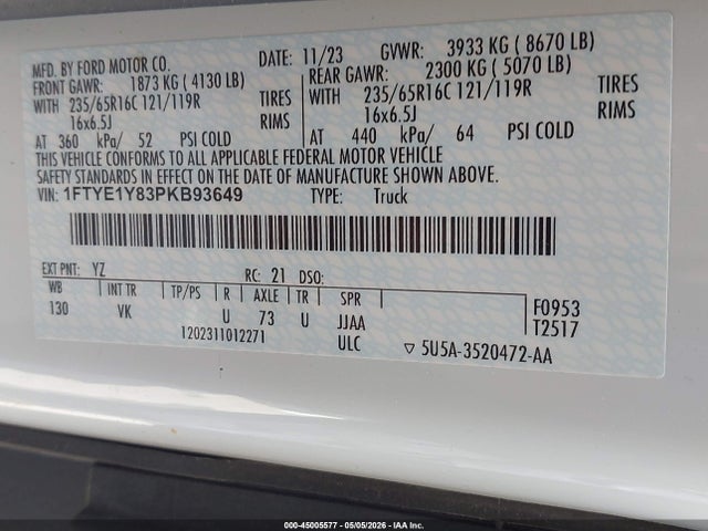 Продажа на аукционе авто 2023 Ford Transit-150, vin: 1FTYE1Y83PKB93649, номер лота: 45005577