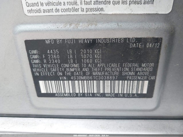 Продажа на аукционе авто 2012 Subaru Legacy 2.5i Premium, vin: 4S3BMBB61C3038897, номер лота: 45005587
