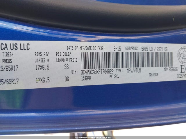 45005592 :رقم المزاد ، 3C4PDCABXFT704822 vin ، 2015 Dodge Journey Cvp/se Plus مزاد بيع