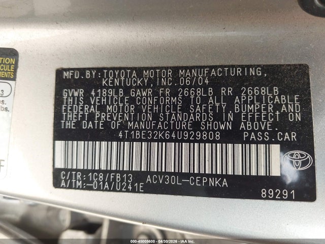 45005600 :رقم المزاد ، 4T1BE32K64U929808 vin ، 2004 Toyota Camry Le/se/std/xle مزاد بيع