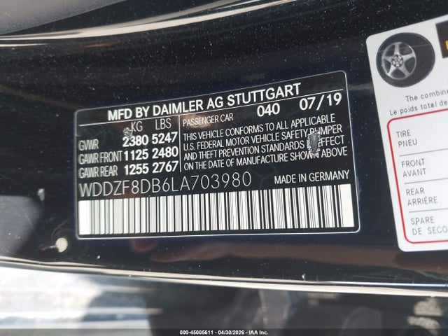 45005611 :رقم المزاد ، WDDZF8DB6LA703980 vin ، 2020 Mercedes-benz E 350 مزاد بيع