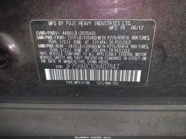 Продаж на аукціоні авто 2013 Subaru Forester 2.5x, vin: JF2SHABCXDH407847, номер лоту: 45005612