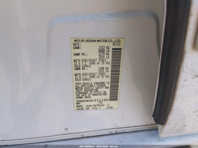 Aukcja sprzedaży 2011 Nissan Pathfinder Sv, vin: 5N1AR1NN1BC631289, numer aukcji: 45005615