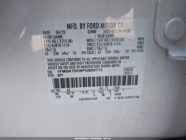 Продажа на аукционе авто 2023 Ford Explorer Xlt, vin: 1FMSK7DH8PGB00713, номер лота: 45005619