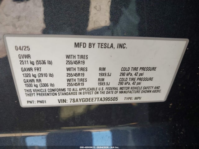 7SAYGDEE7TA395505 Tesla Model Y All-wheel Drive/long Range Launch Series/premium All-wheel Drive