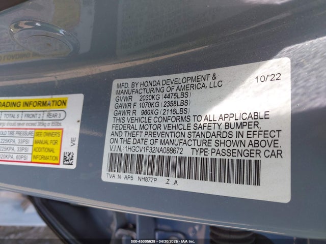2022 Honda Accord Sport მანქანა იყიდება აუქციონზე, vin: 1HGCV1F32NA088672, აუქციონის ნომერი: 45005628