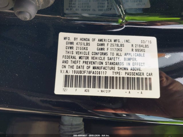 2015 Acura Tlx V6 Advance მანქანა იყიდება აუქციონზე, vin: 19UUB3F78FA006117, აუქციონის ნომერი: 45005637