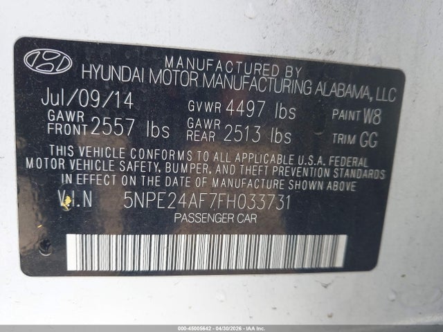 2015 Hyundai Sonata Se მანქანა იყიდება აუქციონზე, vin: 5NPE24AF7FH033731, აუქციონის ნომერი: 45005642