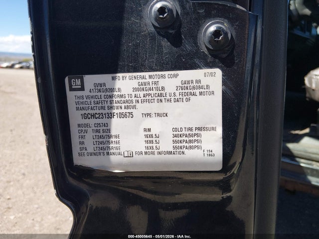 Продаж на аукціоні авто 2003 Chevrolet Silverado 2500hd Ls, vin: 1GCHC23133F105675, номер лоту: 45005645