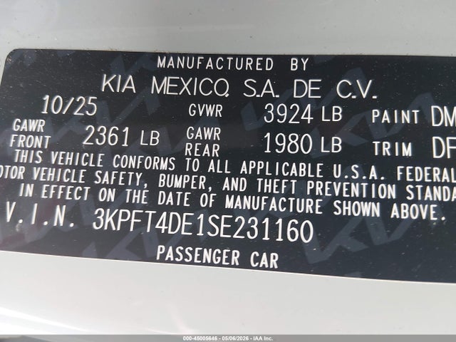 Продаж на аукціоні авто 2025 Kia K4 Lxs, vin: 3KPFT4DE1SE231160, номер лоту: 45005646