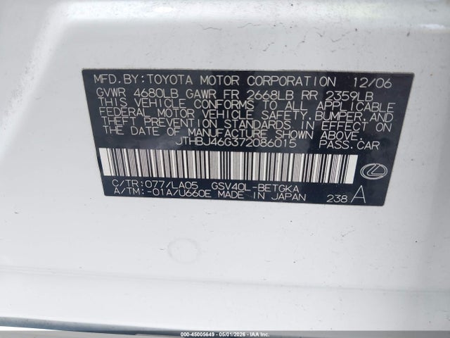 Продаж на аукціоні авто 2007 Lexus Es 350, vin: JTHBJ46G372086015, номер лоту: 45005649