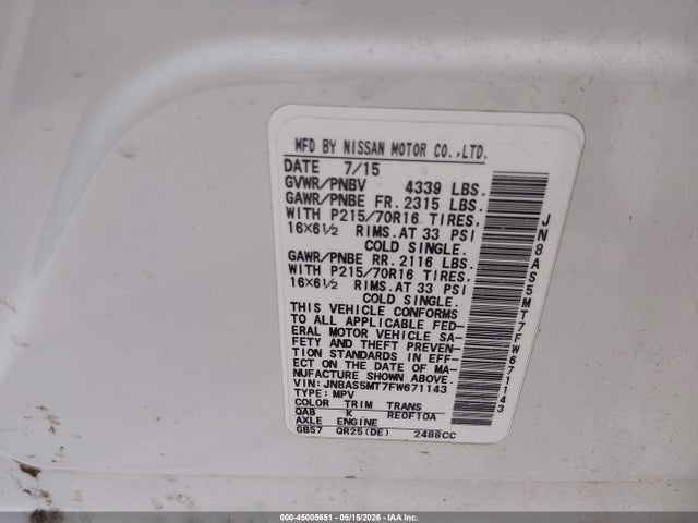 2015 Nissan Rogue Select S მანქანა იყიდება აუქციონზე, vin: JN8AS5MT7FW671143, აუქციონის ნომერი: 45005651