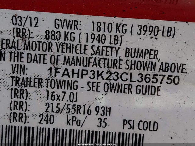 Продажа на аукционе авто 2012 Ford Focus Se, vin: 1FAHP3K23CL365750, номер лота: 45005653