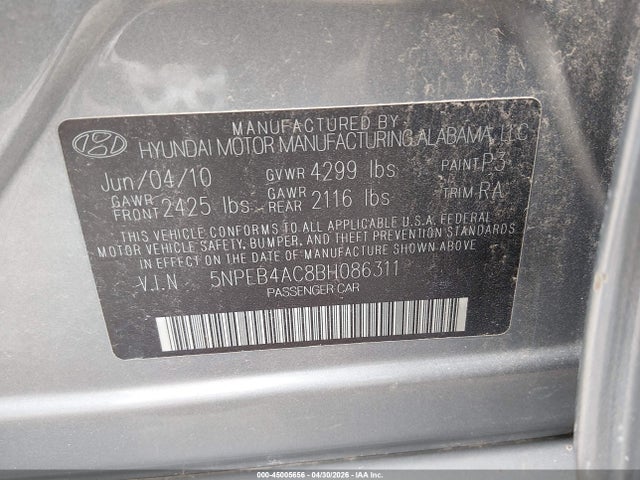 Aukcja sprzedaży 2011 Hyundai Sonata Gls, vin: 5NPEB4AC8BH086311, numer aukcji: 45005656