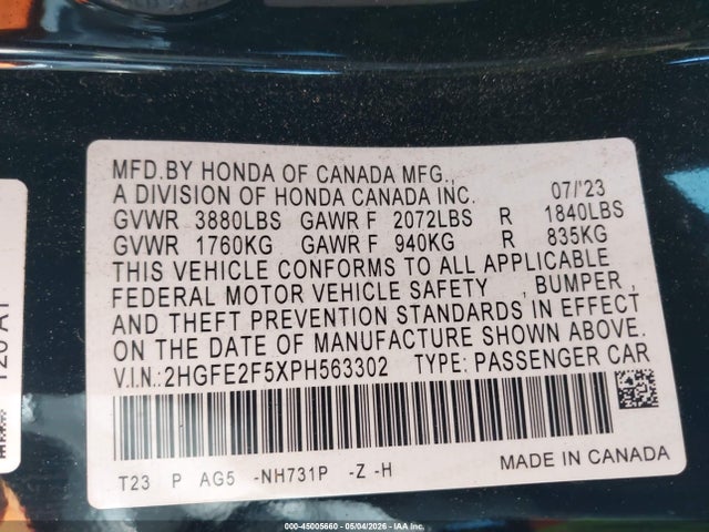 2HGFE2F5XPH563302 Honda Civic Sport