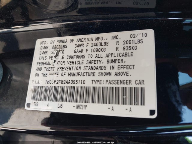 Aukcja sprzedaży 2010 Honda Accord 2.4 Ex-l, vin: 1HGCP2F89AA095110, numer aukcji: 45005661