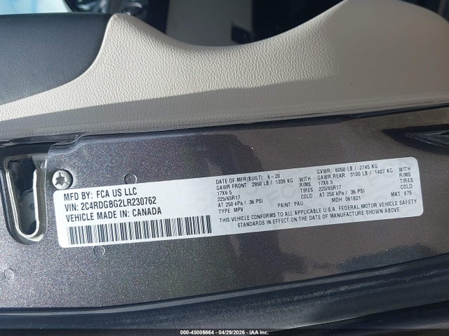 45005664 :رقم المزاد ، 2C4RDGBG2LR230762 vin ، 2020 Dodge Grand Caravan Se مزاد بيع