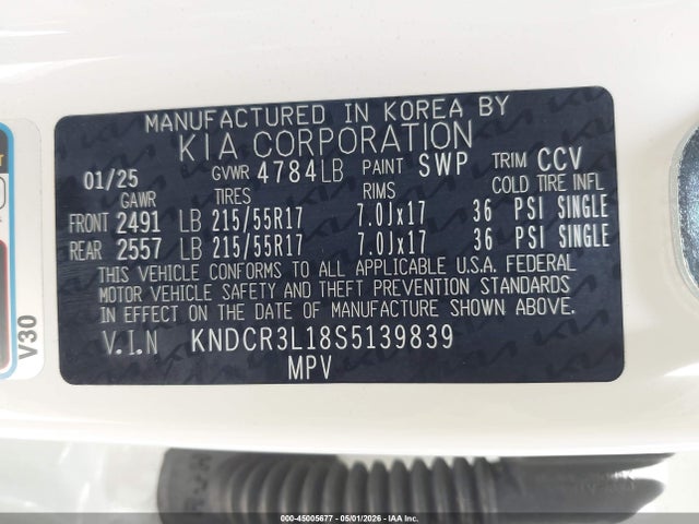 Aukcja sprzedaży 2025 Kia Niro Ev Wind, vin: KNDCR3L18S5139839, numer aukcji: 45005677