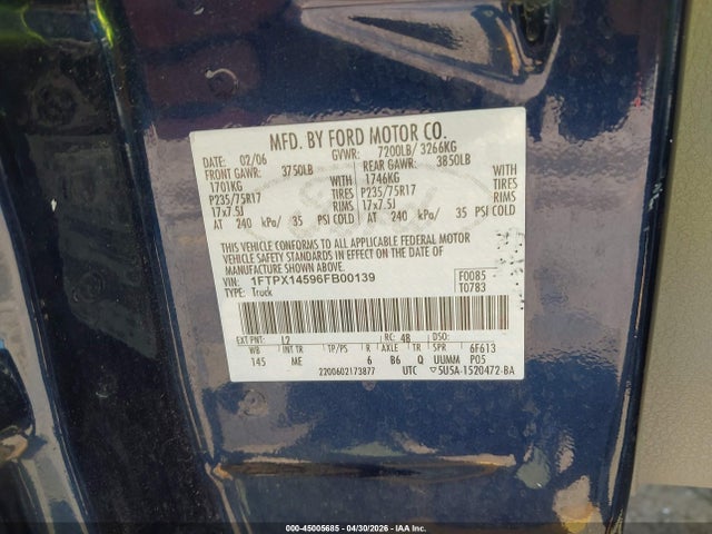 45005685 :رقم المزاد ، 1FTPX14596FB00139 vin ، 2006 Ford F-150 مزاد بيع