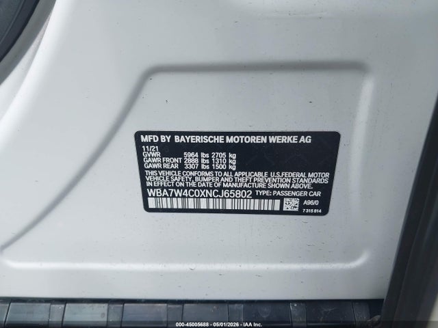 Aukcja sprzedaży 2022 Bmw 745e Xdrive, vin: WBA7W4C0XNCJ65802, numer aukcji: 45005688