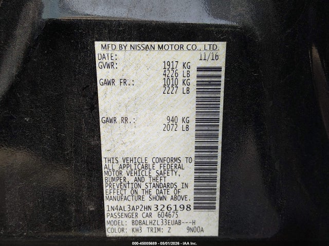 1N4AL3AP2HN326198 Nissan Altima 2.5 Sr