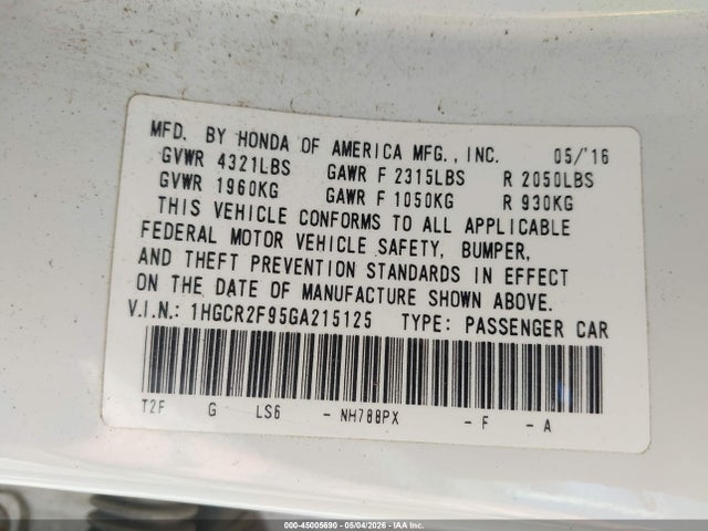 Продажа на аукционе авто 2016 Honda Accord Ex-l, vin: 1HGCR2F95GA215125, номер лота: 45005690