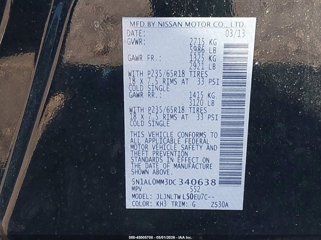 Aukcja sprzedaży 2013 Infiniti Jx35, vin: 5N1AL0MM3DC340638, numer aukcji: 45005708