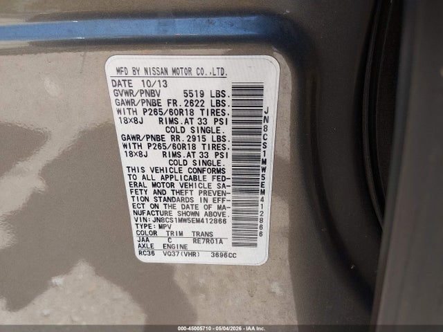 Продажа на аукционе авто 2014 Infiniti Qx70, vin: JN8CS1MW5EM412866, номер лота: 45005710