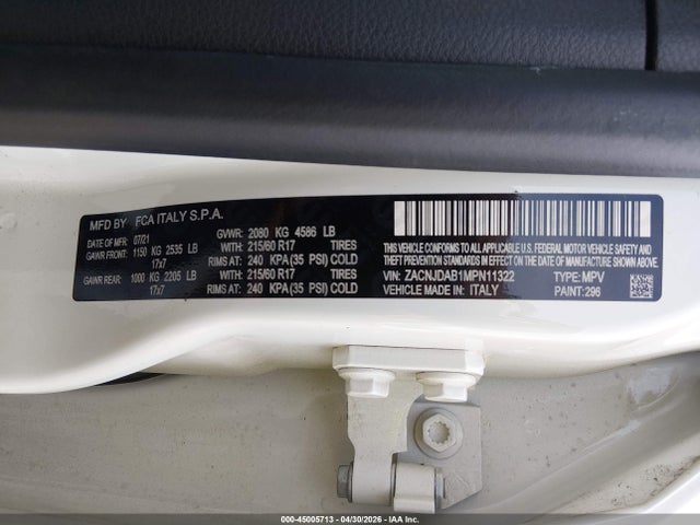 Aukcja sprzedaży 2021 Jeep Renegade Freedom Edition 4x4, vin: ZACNJDAB1MPN11322, numer aukcji: 45005713