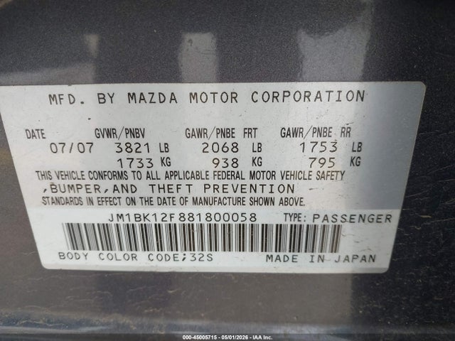 Aukcja sprzedaży 2008 Mazda Mazda3 I Sport, vin: JM1BK12F881800058, numer aukcji: 45005715
