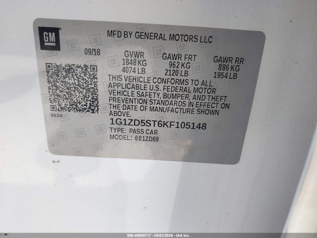 Продажа на аукционе авто 2019 Chevrolet Malibu Lt, vin: 1G1ZD5ST6KF105148, номер лота: 45005717