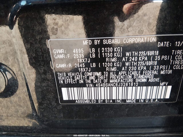 45005720 :رقم المزاد ، 4S4BSANC6J3281812 vin ، 2018 Subaru Outback 2.5i Limited مزاد بيع