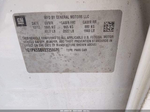 2014 Chevrolet Cruze Lt მანქანა იყიდება აუქციონზე, vin: 1G1PK5SBXE7253676, აუქციონის ნომერი: 45005726
