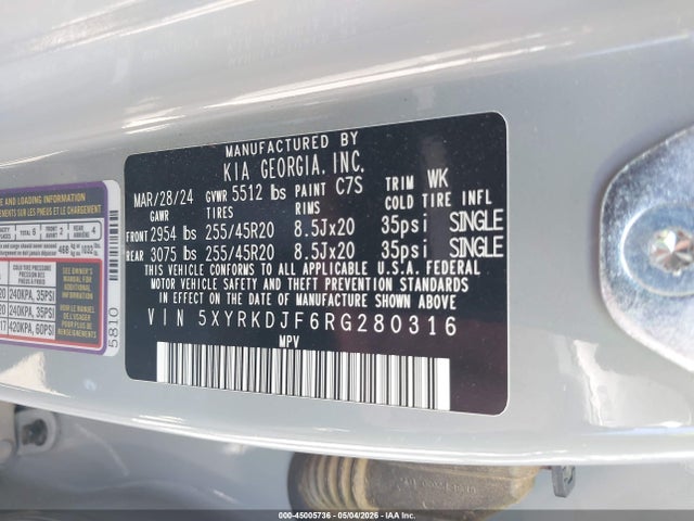 Aukcja sprzedaży 2024 Kia Sorento X-line Sx, vin: 5XYRKDJF6RG280316, numer aukcji: 45005736