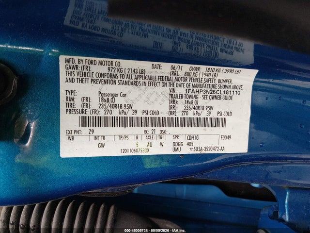 2012 Ford Focus Titanium მანქანა იყიდება აუქციონზე, vin: 1FAHP3N26CL181110, აუქციონის ნომერი: 45005738