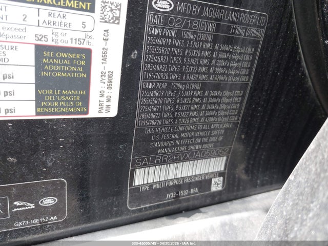 Auction sale of the 2018 Land Rover Discovery Hse, vin: SALRR2RVXJA059052, lot number: 45005749