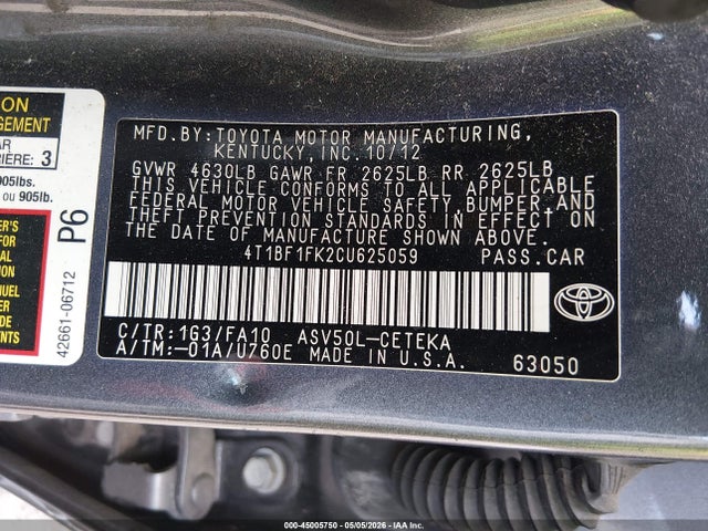 2012 Toyota Camry L მანქანა იყიდება აუქციონზე, vin: 4T1BF1FK2CU625059, აუქციონის ნომერი: 45005750