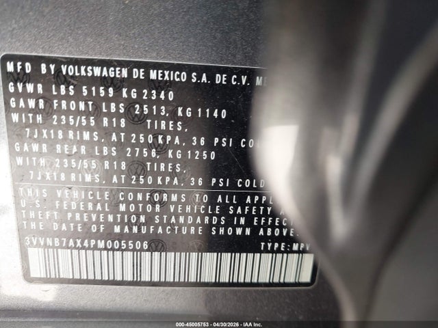 45005753 :رقم المزاد ، 3VVNB7AX4PM005506 vin ، 2023 Volkswagen Tiguan 2.0t Se مزاد بيع