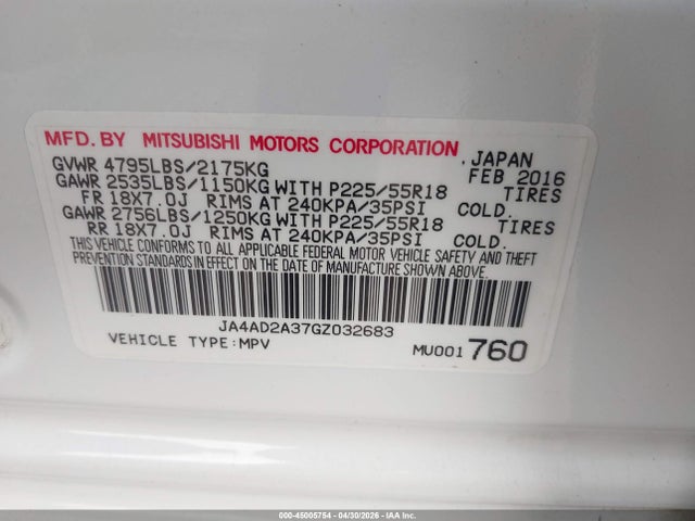 Aukcja sprzedaży 2016 Mitsubishi Outlander Es, vin: JA4AD2A37GZ032683, numer aukcji: 45005754