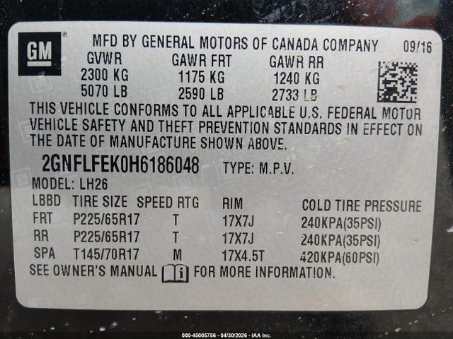 2017 Chevrolet Equinox Lt მანქანა იყიდება აუქციონზე, vin: 2GNFLFEK0H6186048, აუქციონის ნომერი: 45005756