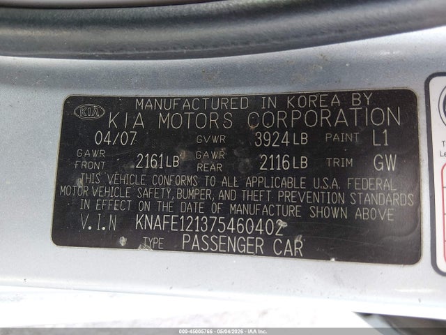45005766 :رقم المزاد ، KNAFE121375460402 vin ، 2007 Kia Spectra Ex مزاد بيع