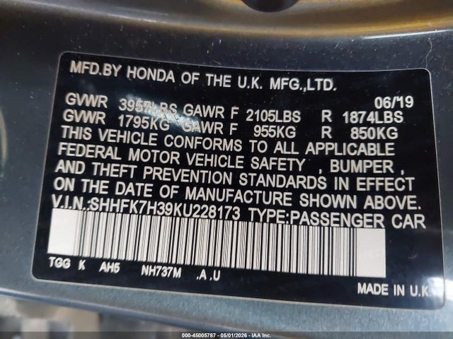 SHHFK7H39KU228173 Honda Civic Lx