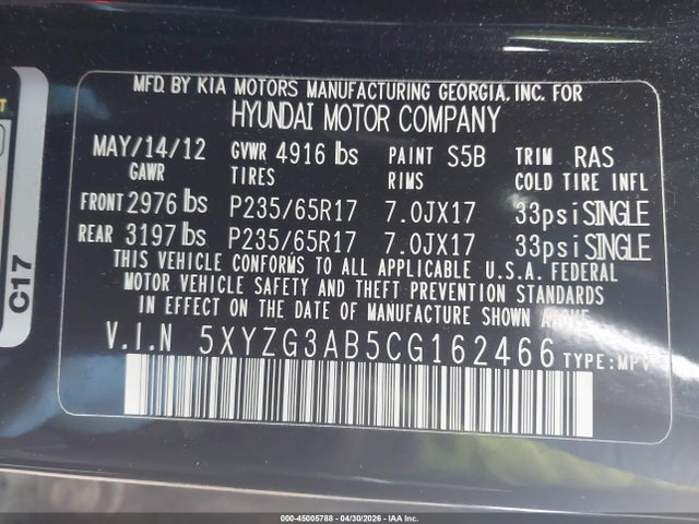 Aukcja sprzedaży 2012 Hyundai Santa Fe Gls, vin: 5XYZG3AB5CG162466, numer aukcji: 45005788