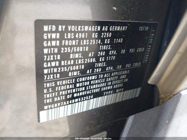 2011 Volkswagen Tiguan Se მანქანა იყიდება აუქციონზე, vin: WVGBV7AX4BW532524, აუქციონის ნომერი: 45005794