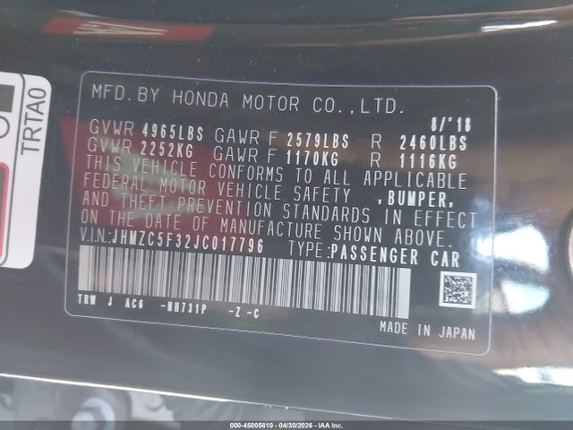 Продаж на аукціоні авто 2018 Honda Clarity Plug-in Hybrid Touring, vin: JHMZC5F32JC017796, номер лоту: 45005810